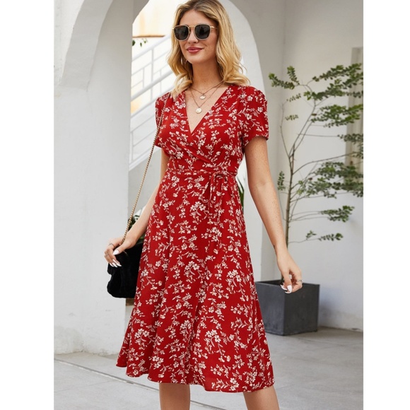 Red Floral Wrap Midi Dress - Picture 5 of 16